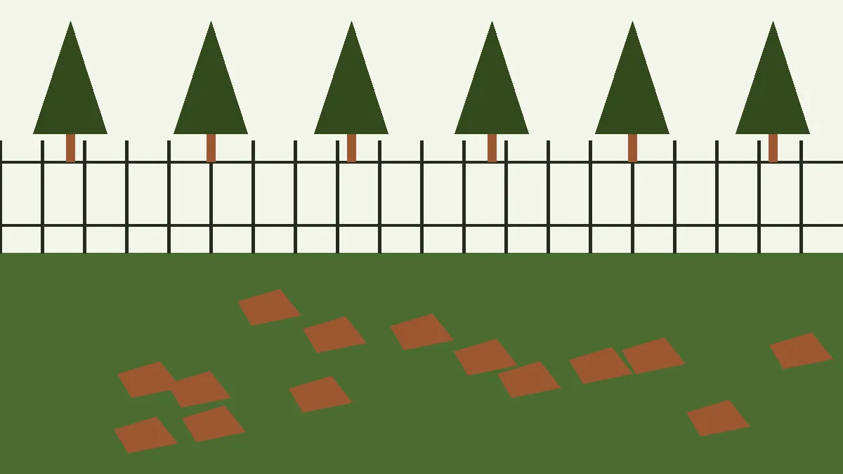 Ilustración de un césped levantado a terrones junto a una valla con el bosque detrás