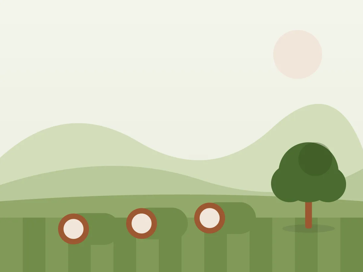 Ilustración de un jardín con césped natural recién instalado, un aspersor y pinos al fondo