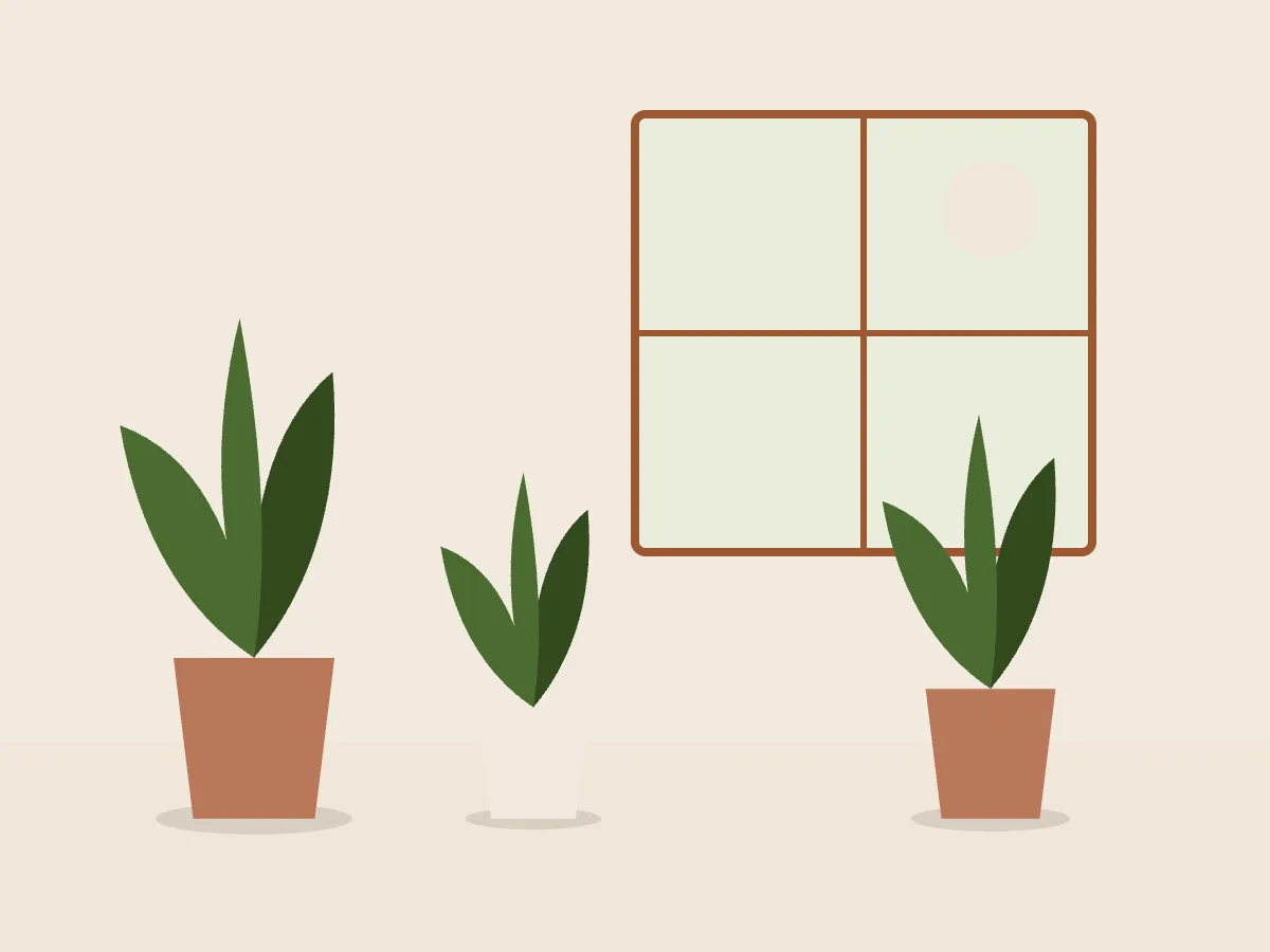 Ilustración de una recepción de oficina luminosa con plantas grandes en macetas junto a un ventanal