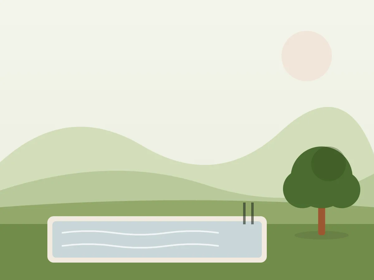Ilustración de una piscina de chalet con agua clara, pinos alrededor y un recogehojas apoyado en el borde