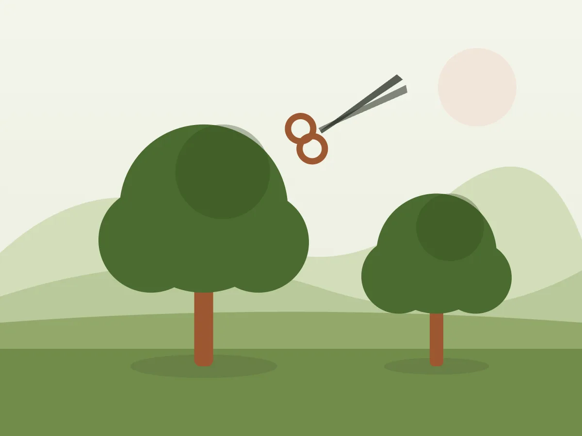 Ilustración de dos árboles de copa redonda y unas tijeras de podar sobre un jardín