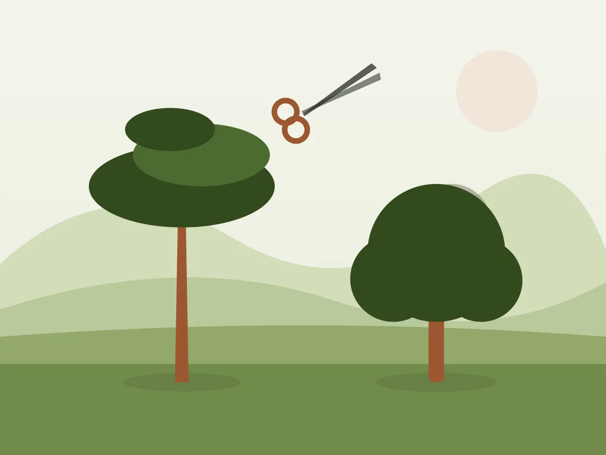 Ilustración de un jardín con un pino alto y una encina junto a una casa con tejado