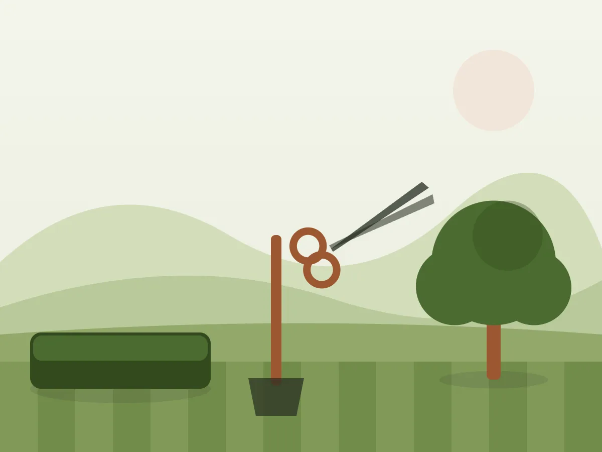 Ilustración de herramientas de jardinería junto a un seto y un árbol