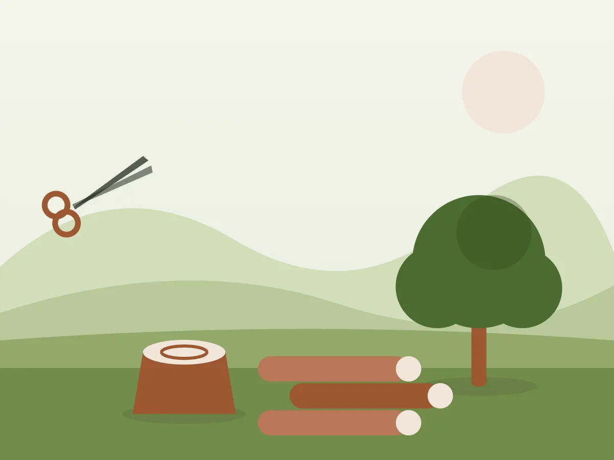 Ilustración de un jardín con un pino alto junto a una casa y un tocón recién cortado en primer plano