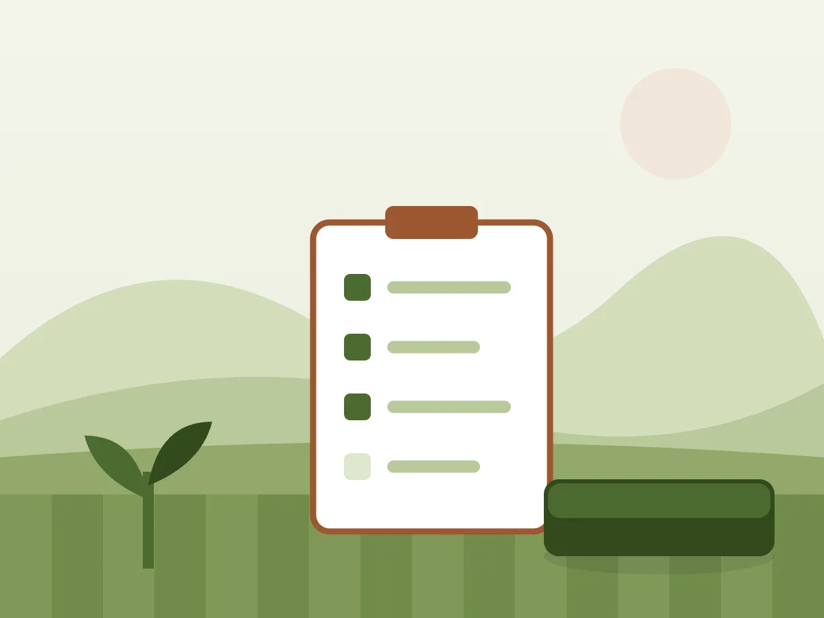 Ilustración de un jardinero revisando un presupuesto en papel junto a un pino en un jardín